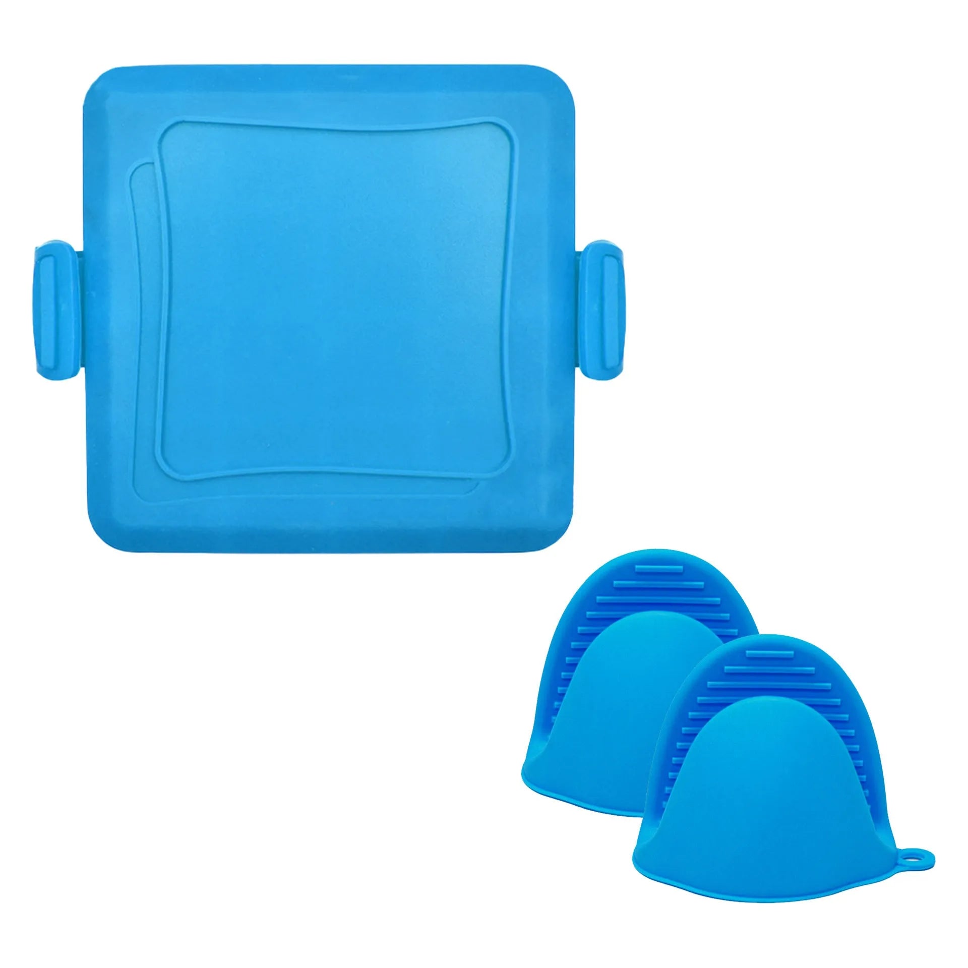 Red silicone baking tray with matching hand clamp set for anti-scald kitchen protection