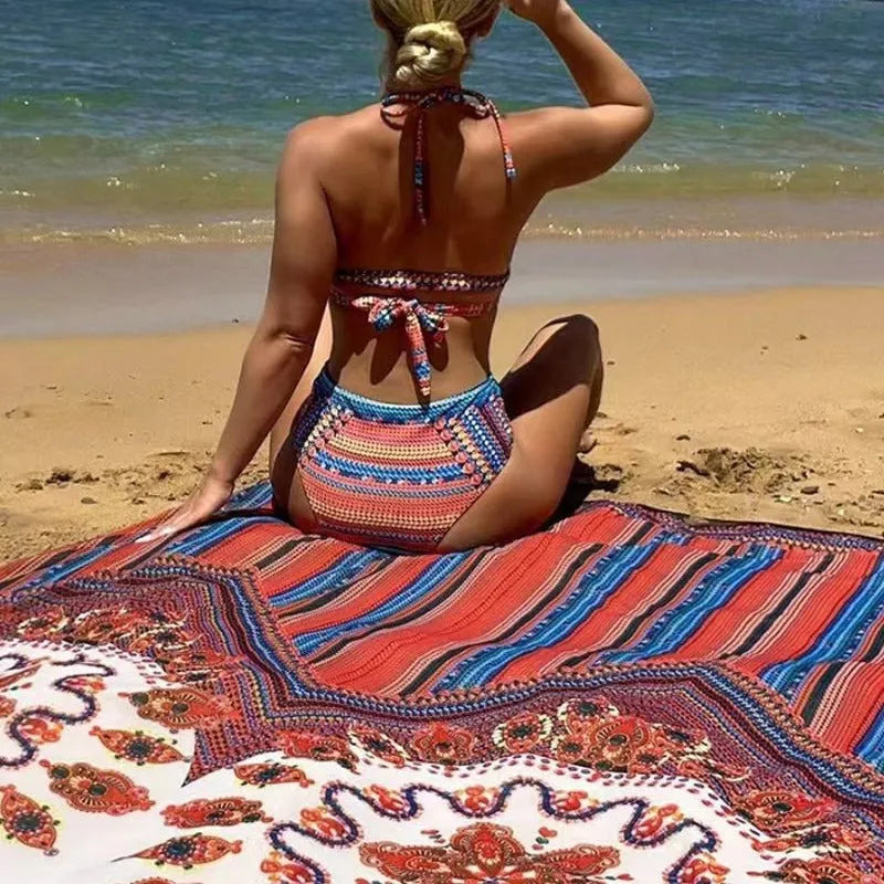 Women's three-piece swimsuit set showing cutout sleeveless blouse, high-waisted briefs, and matching swim coat