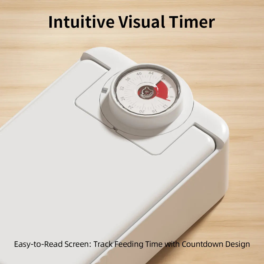 White pet automatic feeder with timer display and removable ice crystal cooling box underneath.