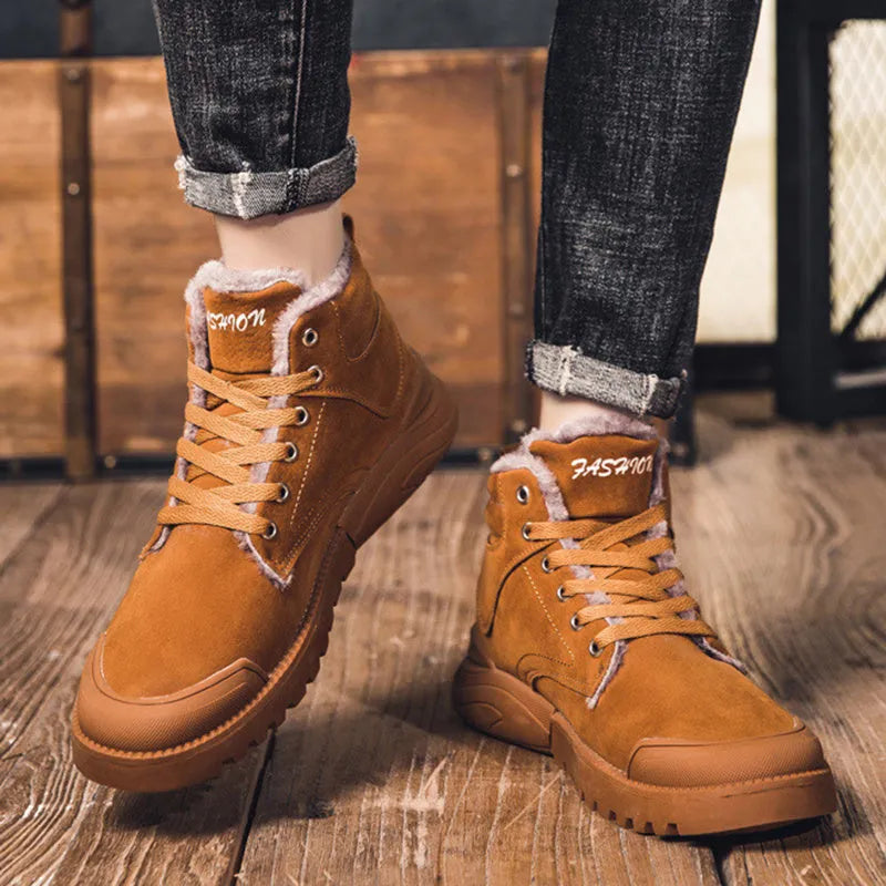 Men's winter ankle boots warm plush shoes suede upper rubber sole round toe flat heel high top front tie solid colour black grey yellow