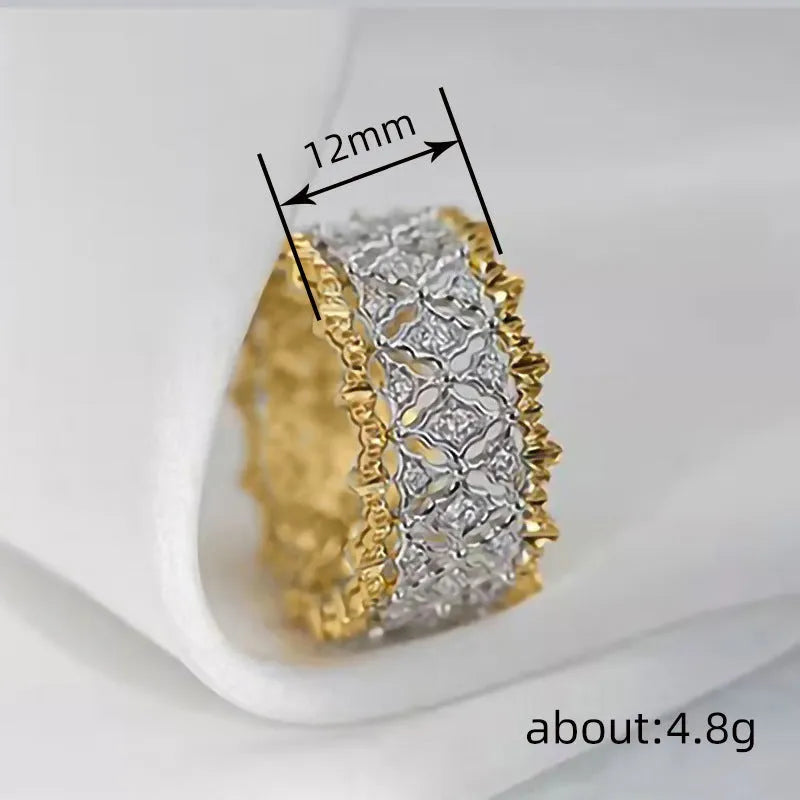 Geometric round two-tone gold zircon ring on a copper band, shown in UK ring sizes 6 to 10.