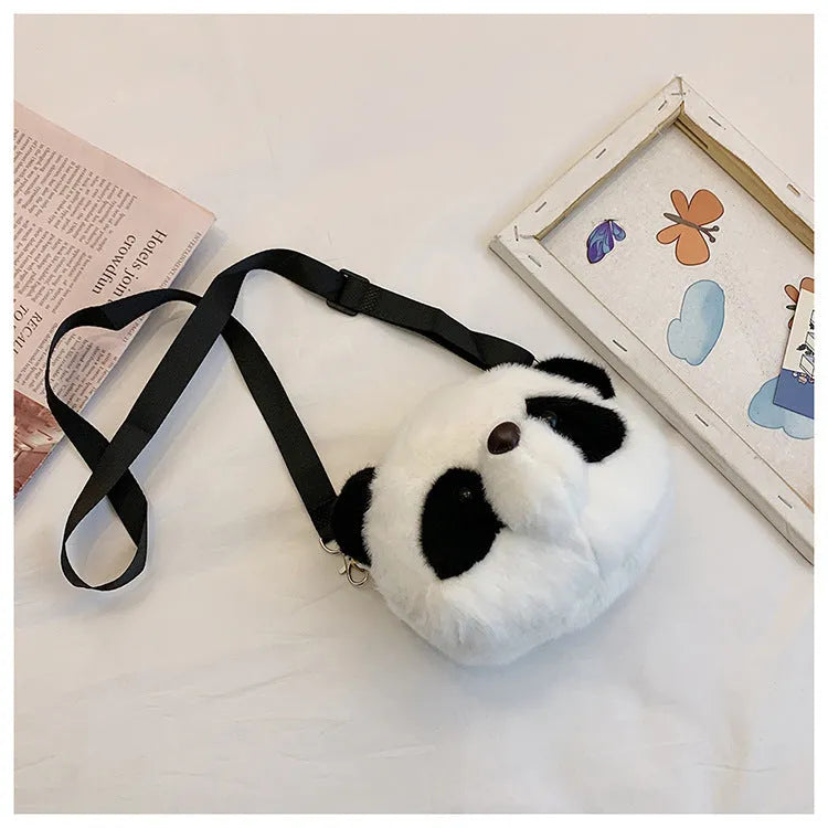 Plush panda head design crossbody bag with cylindrical shape and sandwich pocket