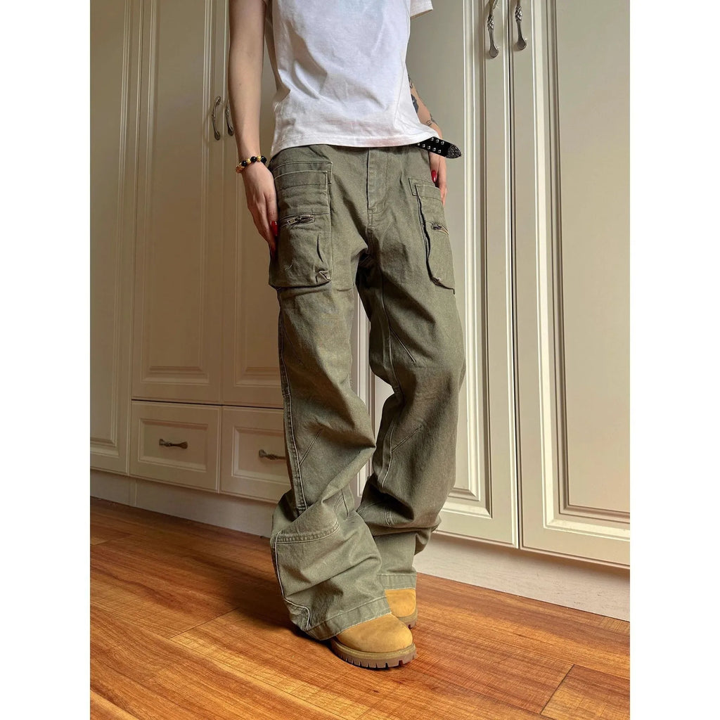 Green and black cotton casual workwear pants with double zipper front closure and multiple pockets