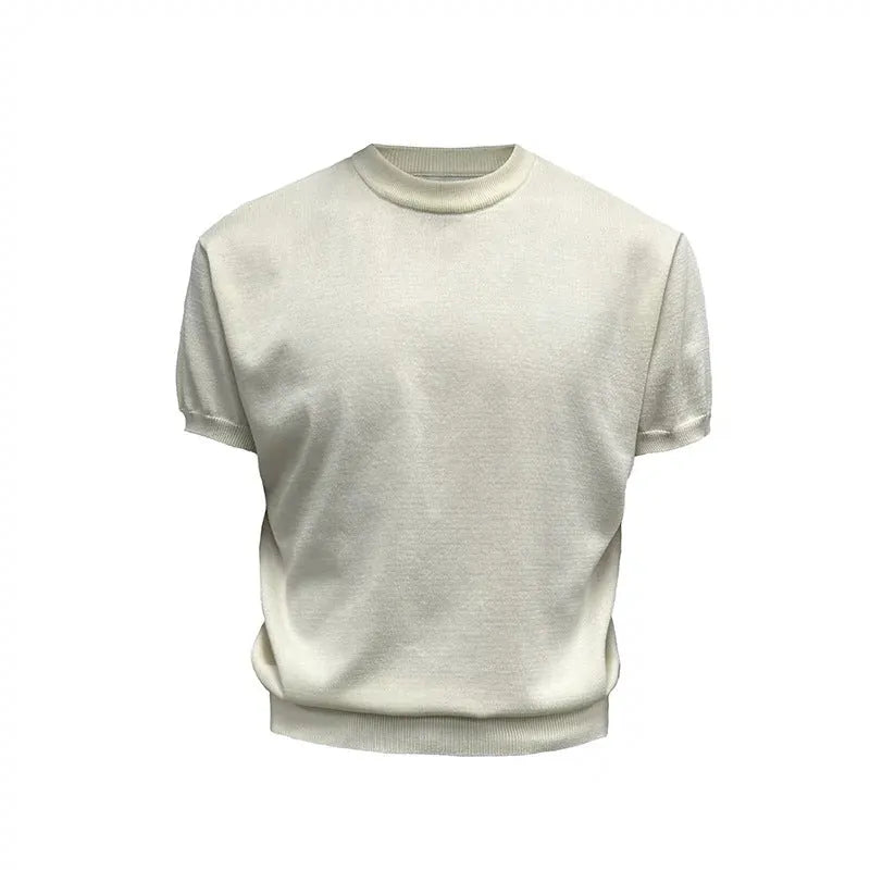 Men's knitted slim fit T-shirt with muscle-showing thread design and cuff-closing short sleeves