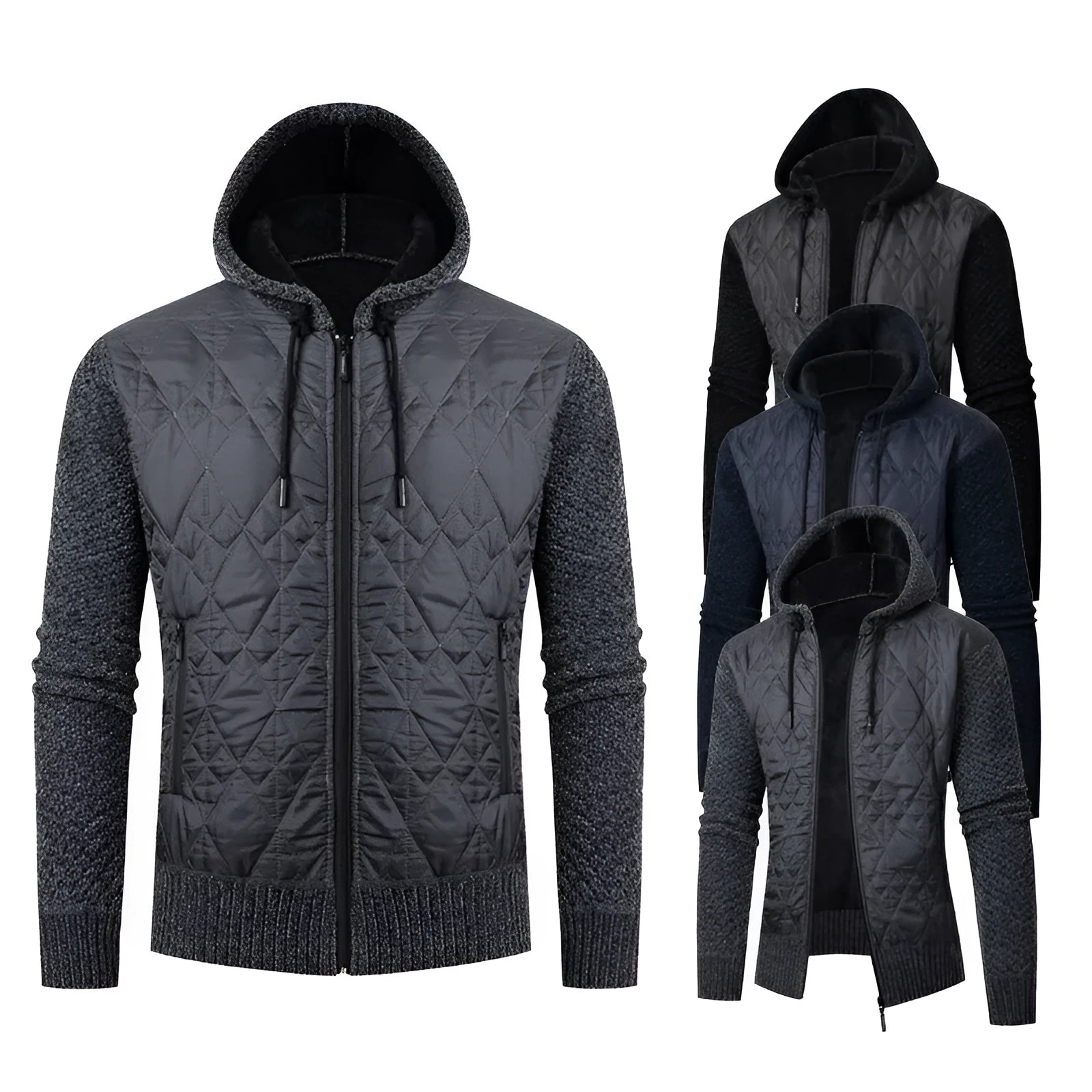Grey men's hooded corduroy sweater coat with cinched waist, shown on a model.