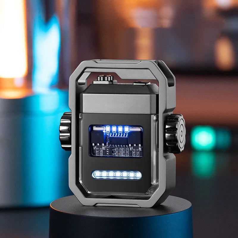 Blue windproof plasma electric lighter with a visible mechanical gyroscope and a folding design.