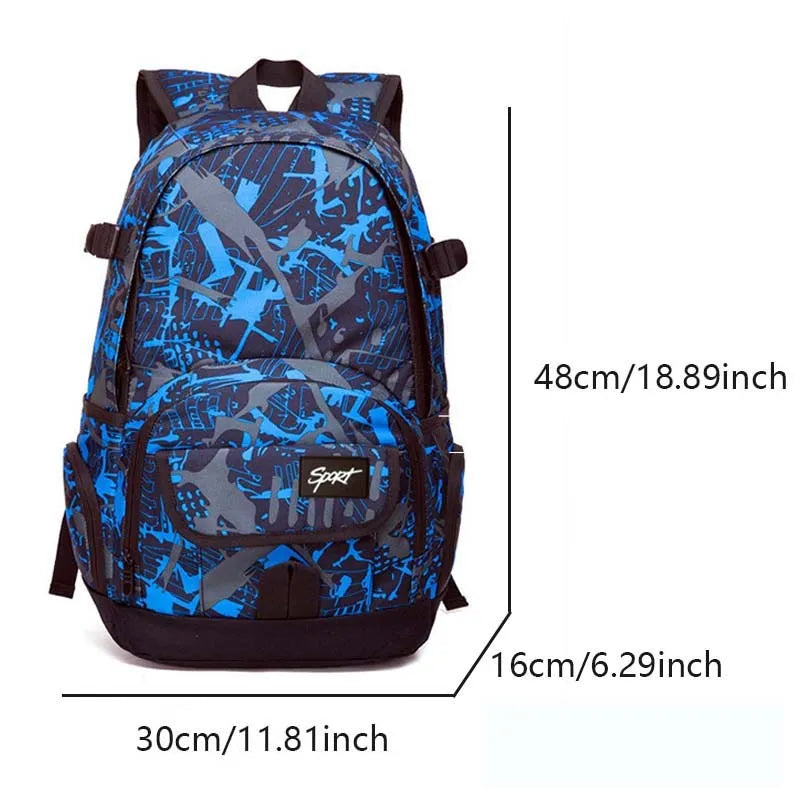 Blue classic nylon backpack with large main compartment and adjustable padded shoulder straps.