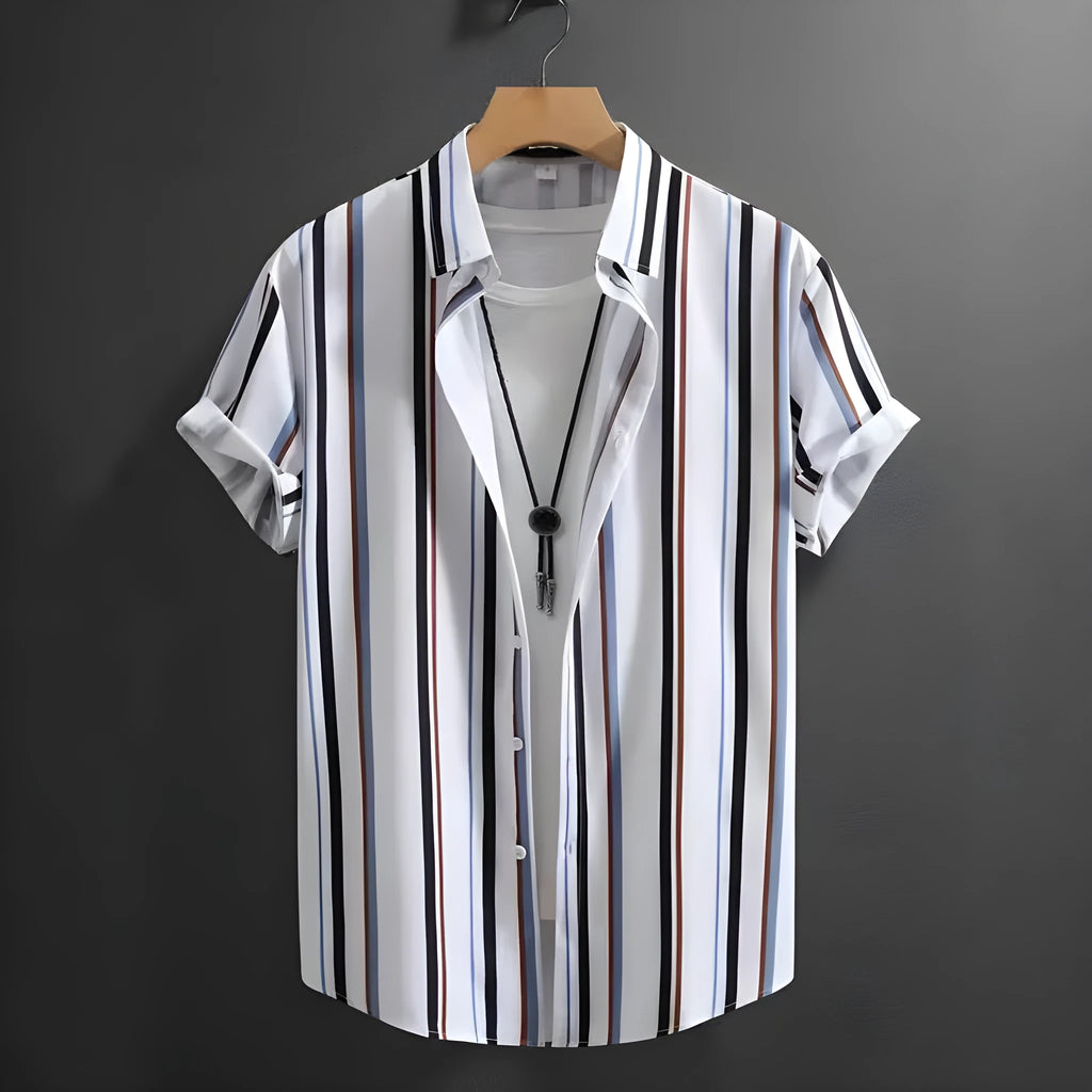 Men's striped short sleeve shirt with stand collar in loose cardigan style for summer
