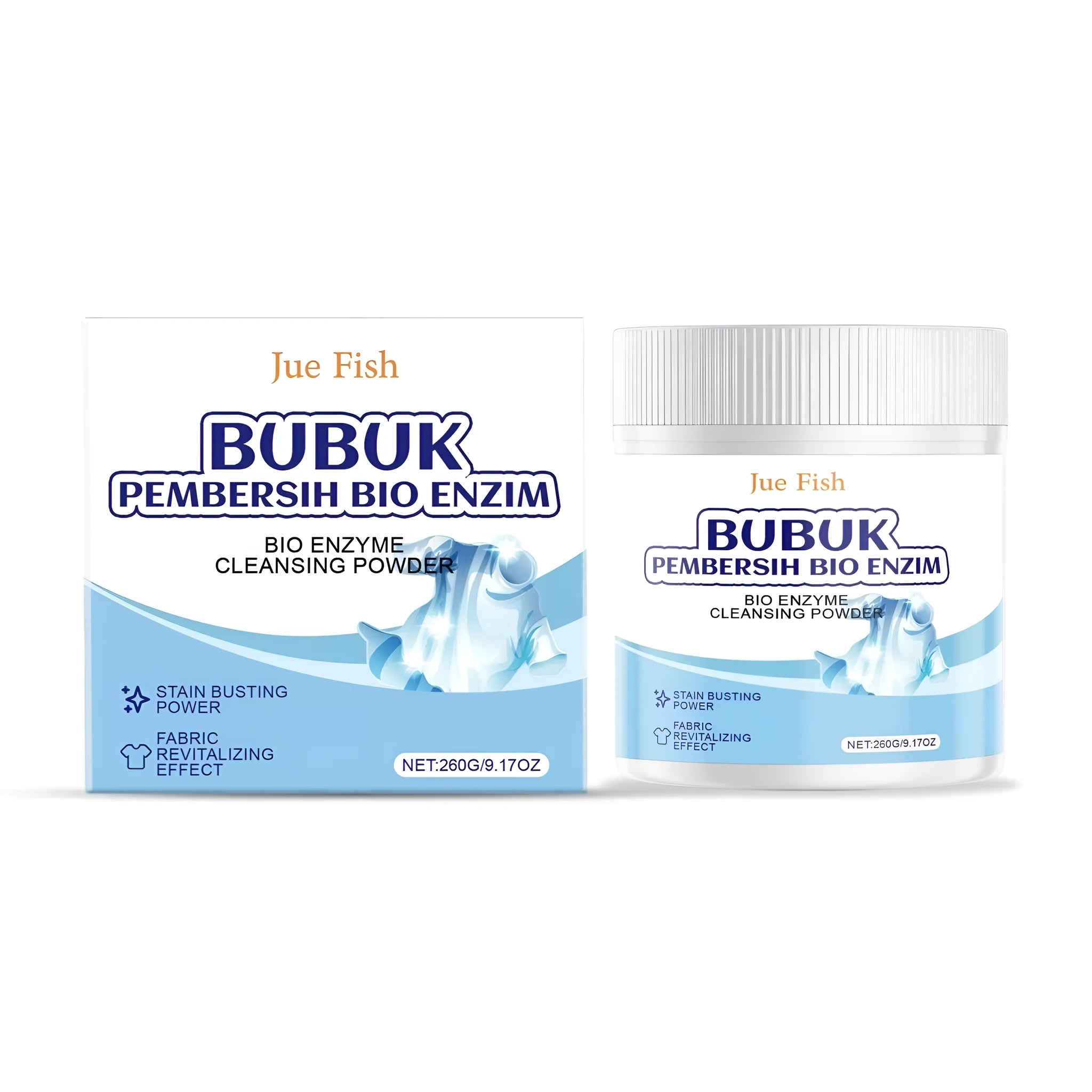 260g bio enzyme laundry cleansing powder in container with ingredient list visible