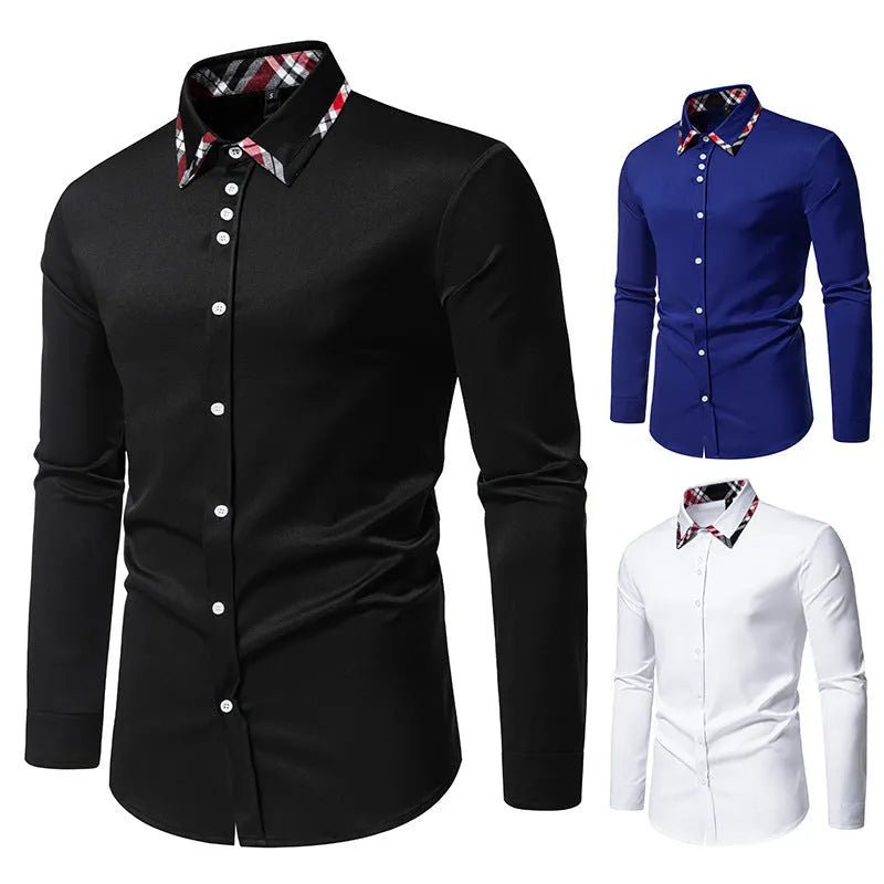 Man wearing a blue plaid contrast triangle collar long sleeve casual shirt.