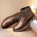 Men's brown and black side-zip Martin ankle boots with round toe and rubber soles