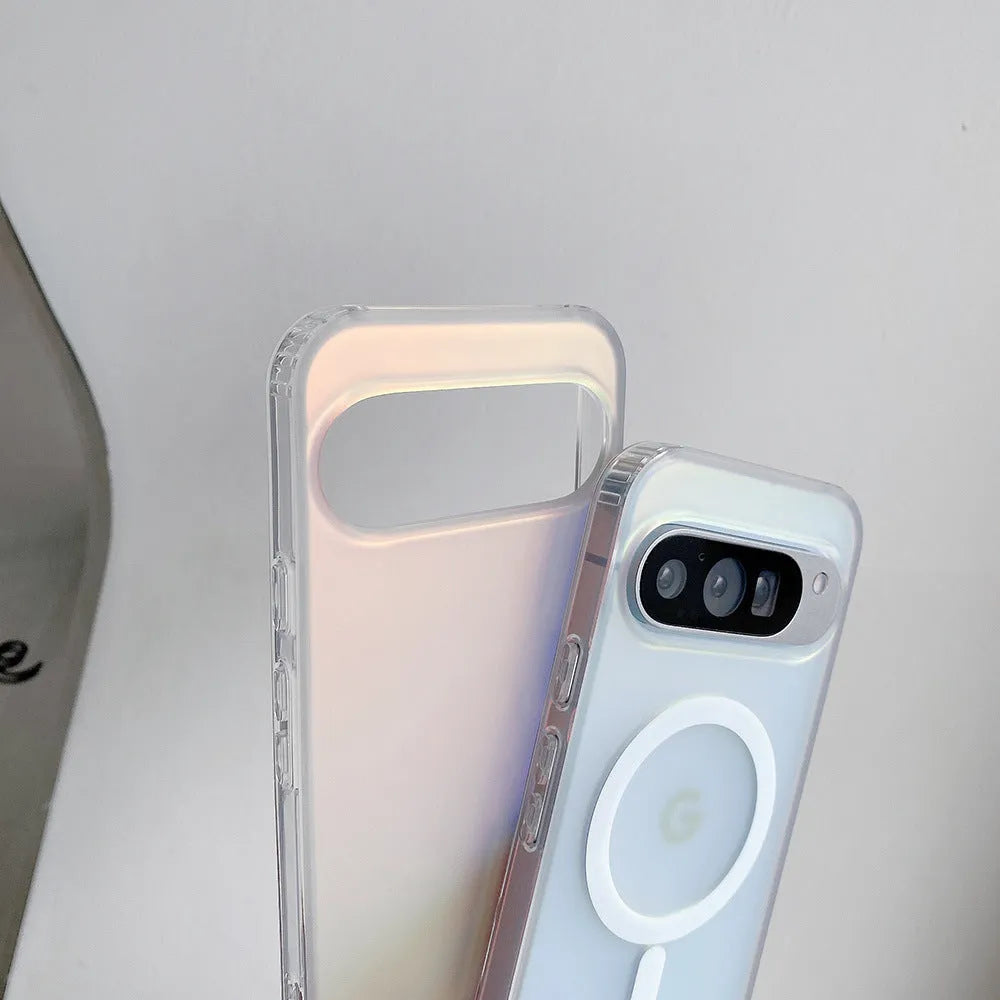 Colourful frosted laser effect matte phone case for Google smartphones on a table.