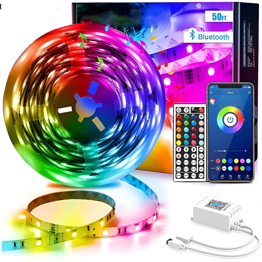 5050 RGB LED light strip with Bluetooth remote and smartphone app control on a white background.