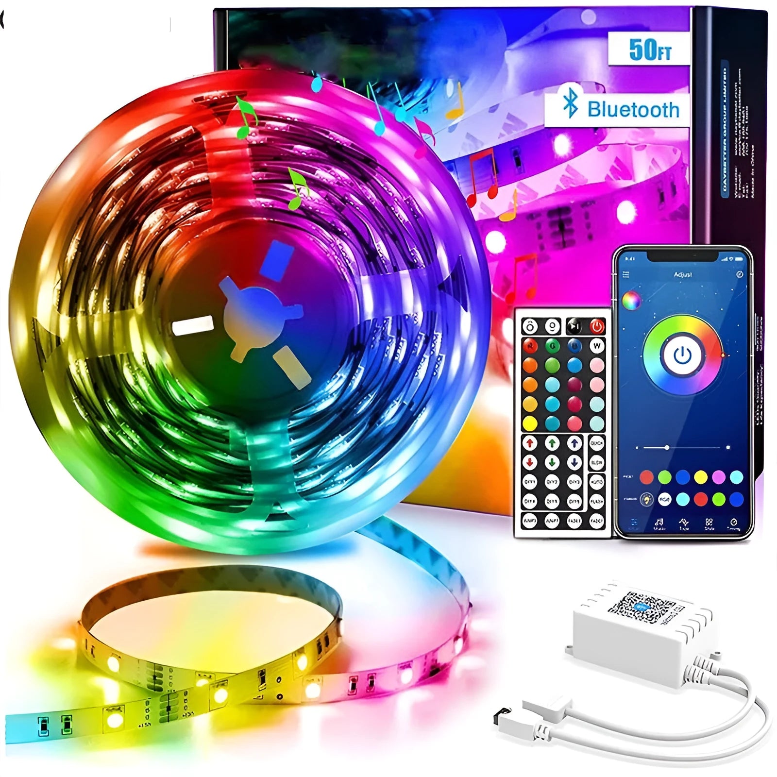 5050 RGB LED light strip with Bluetooth remote and smartphone app control on a white background.