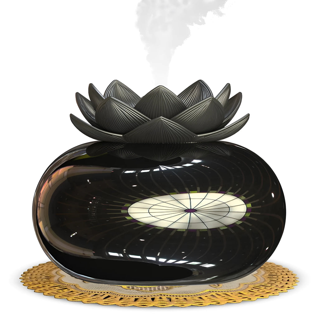 Pure black lotus-shaped aromatherapy humidifier with USB cable and single vapour outlet