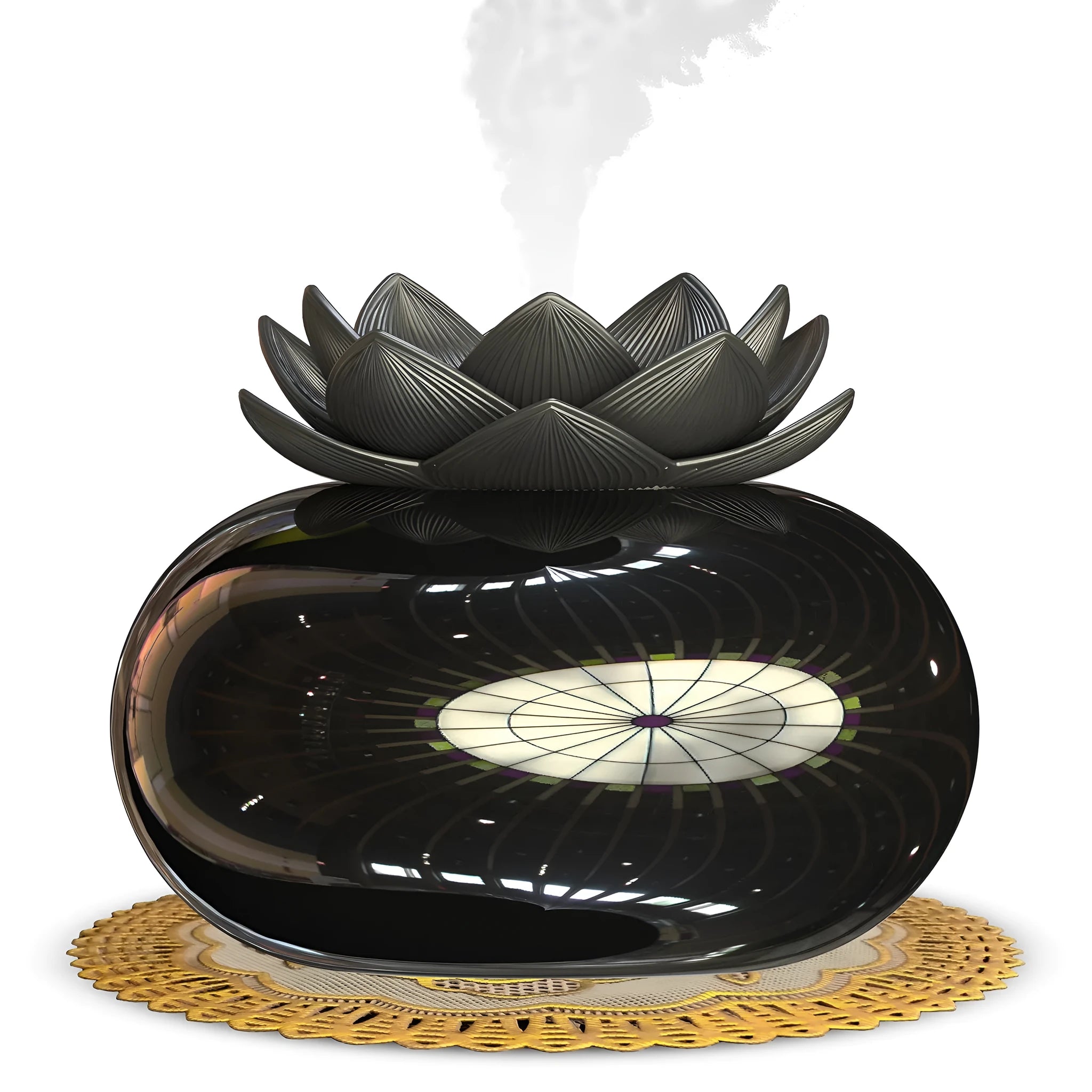 Pure black lotus-shaped aromatherapy humidifier with USB cable and single vapour outlet