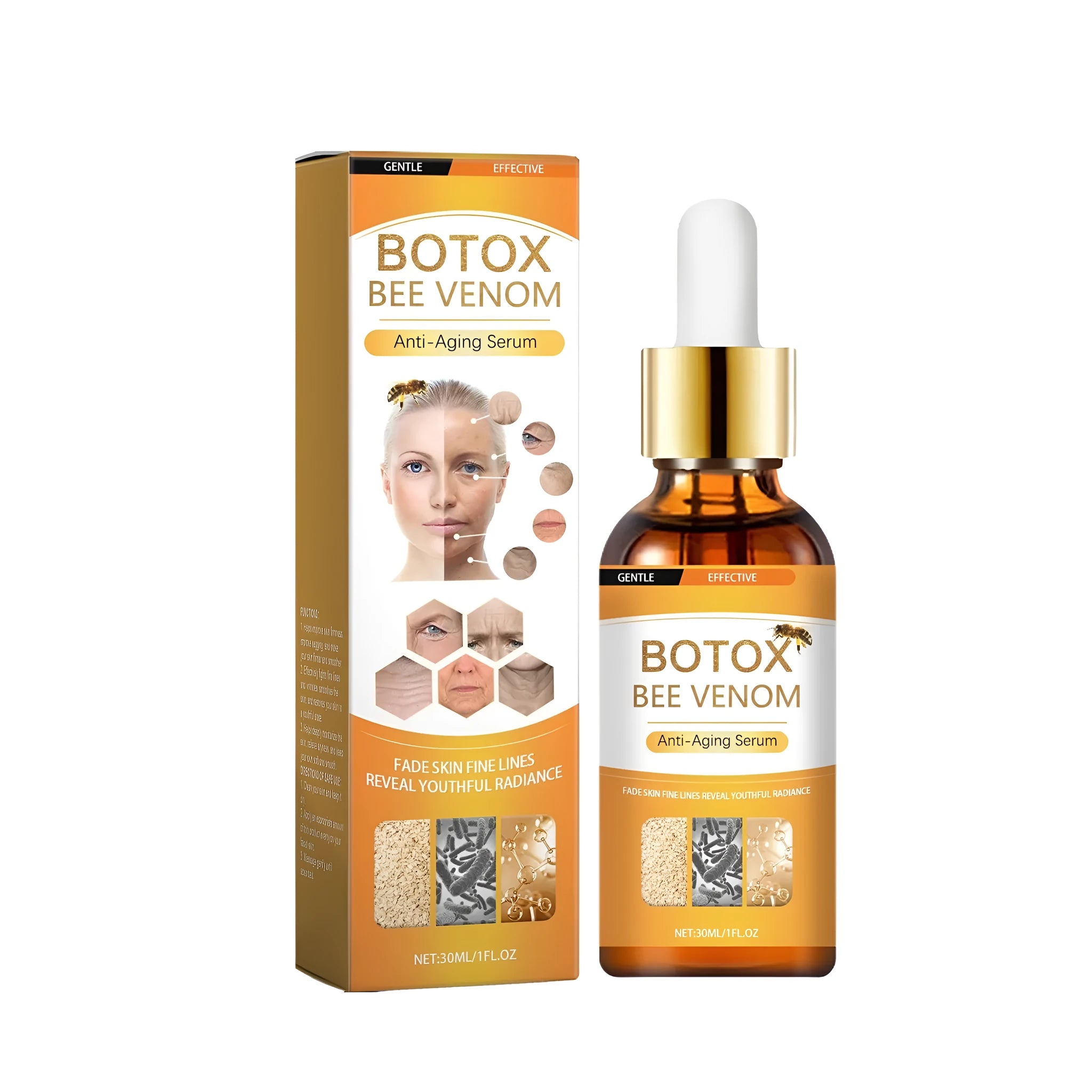 30ml bottle of anti-ageing liquid with hyaluronic acid and bee venom facial serum