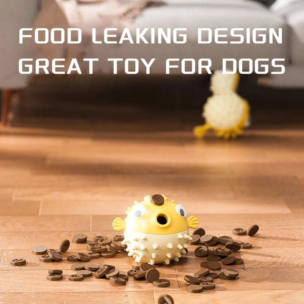 Yellow fish-shaped vinyl dog chew toy for aggressive chewers with textured surface