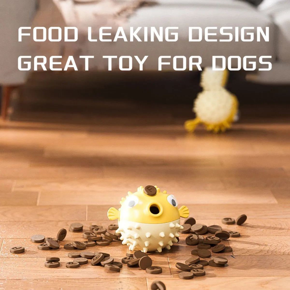 Yellow fish-shaped vinyl dog chew toy for aggressive chewers with textured surface