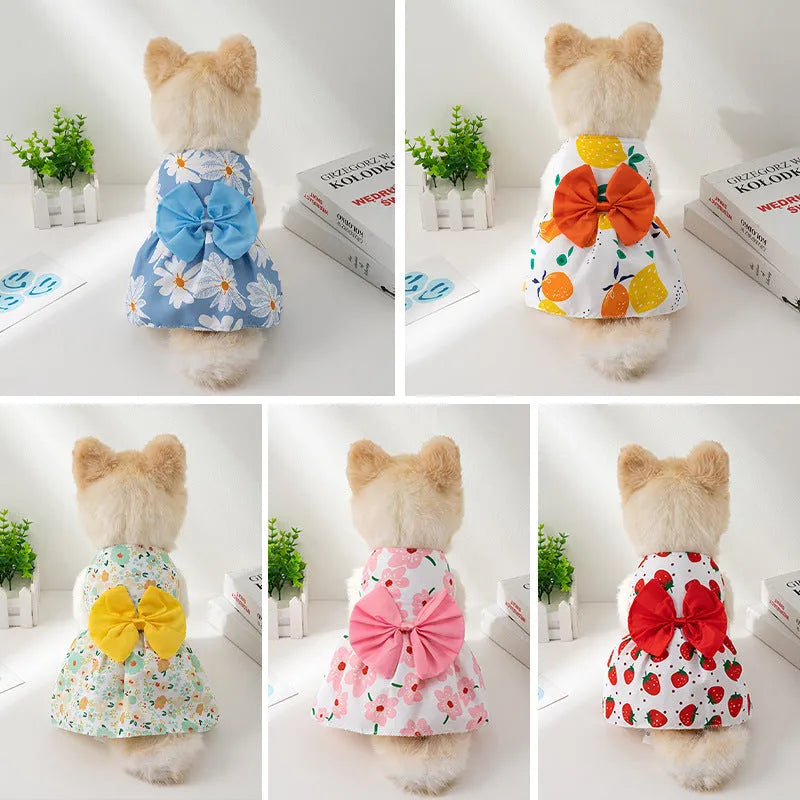 Ultra-thin floral butterfly knot princess pet dress in five bow colour options