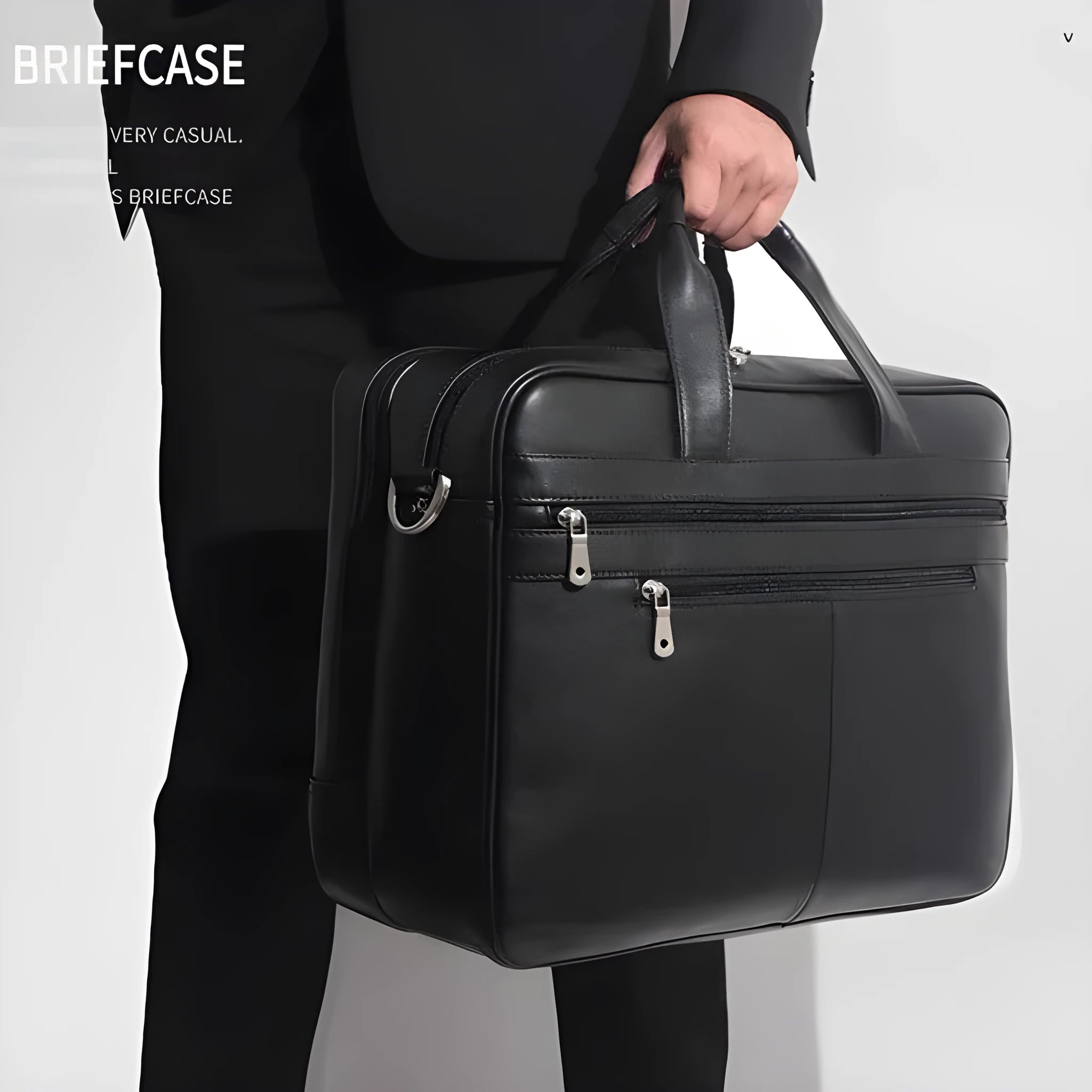 Genuine Nappa leather handbag briefcase for men, solid black, business travel bag