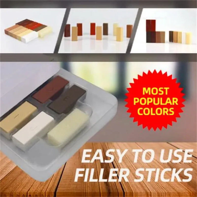 Floor repair tool set for DIY tile repair with red or yellow handles and wax components