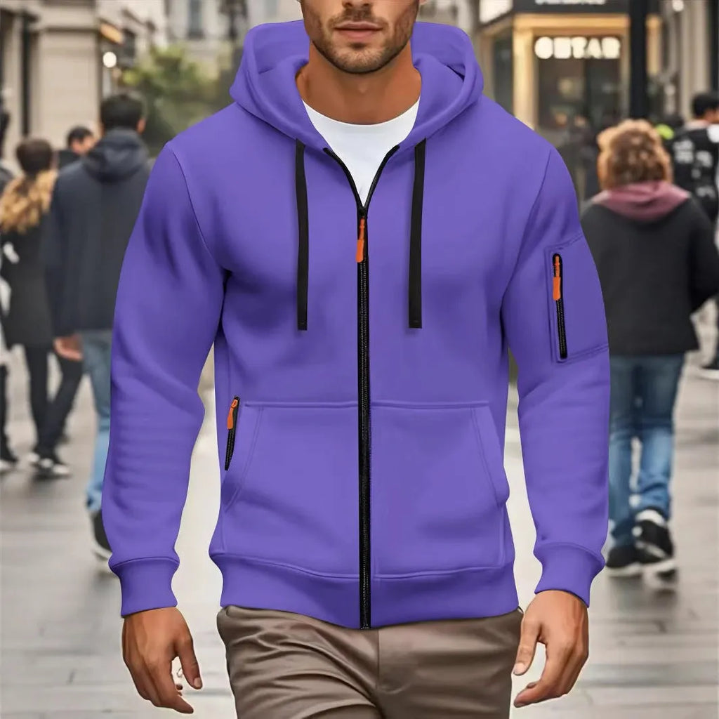 Men's hooded zipper sweatshirt cardigan coat in army green colour with wool lining