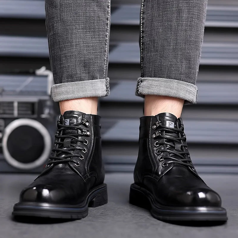 Men's black patent leather work ankle boots with square heel and high cylinder sock design