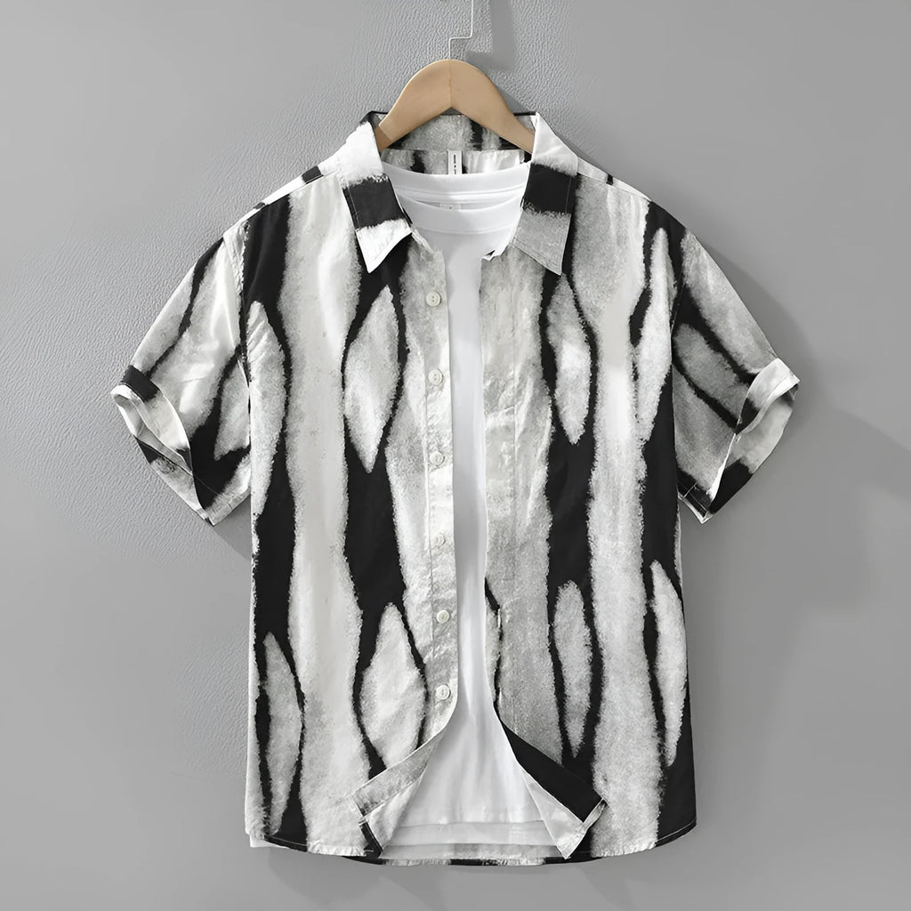 Men's retro striped short sleeve shirt in pure cotton with loose fit cardigan styling