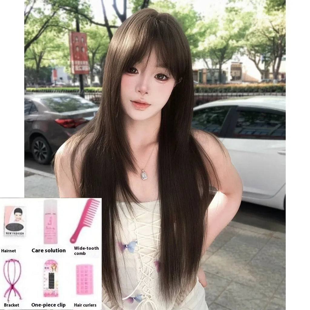 Brown black ladies wig with black tea simulation effect and high-temperature fibre hair material