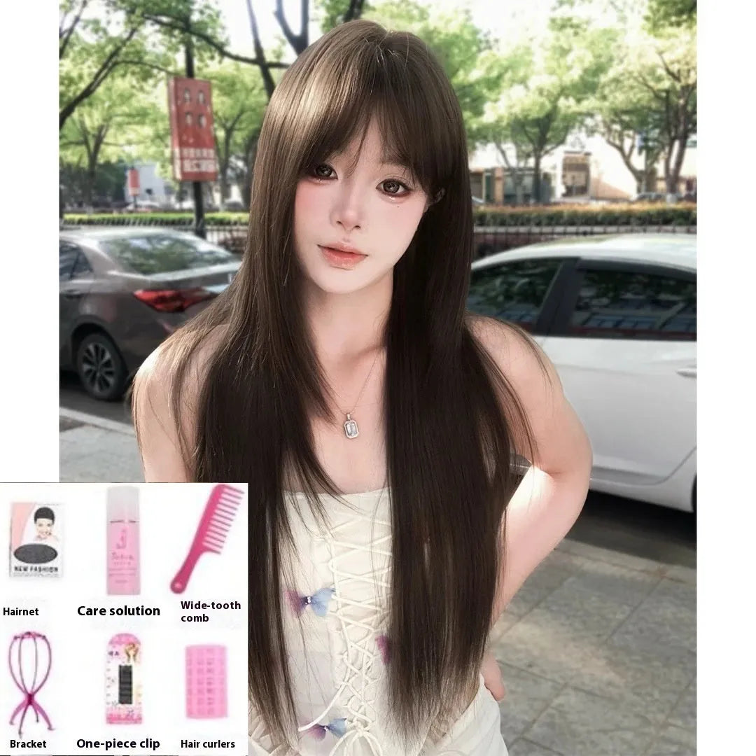 Brown black ladies wig with black tea simulation effect and high-temperature fibre hair material