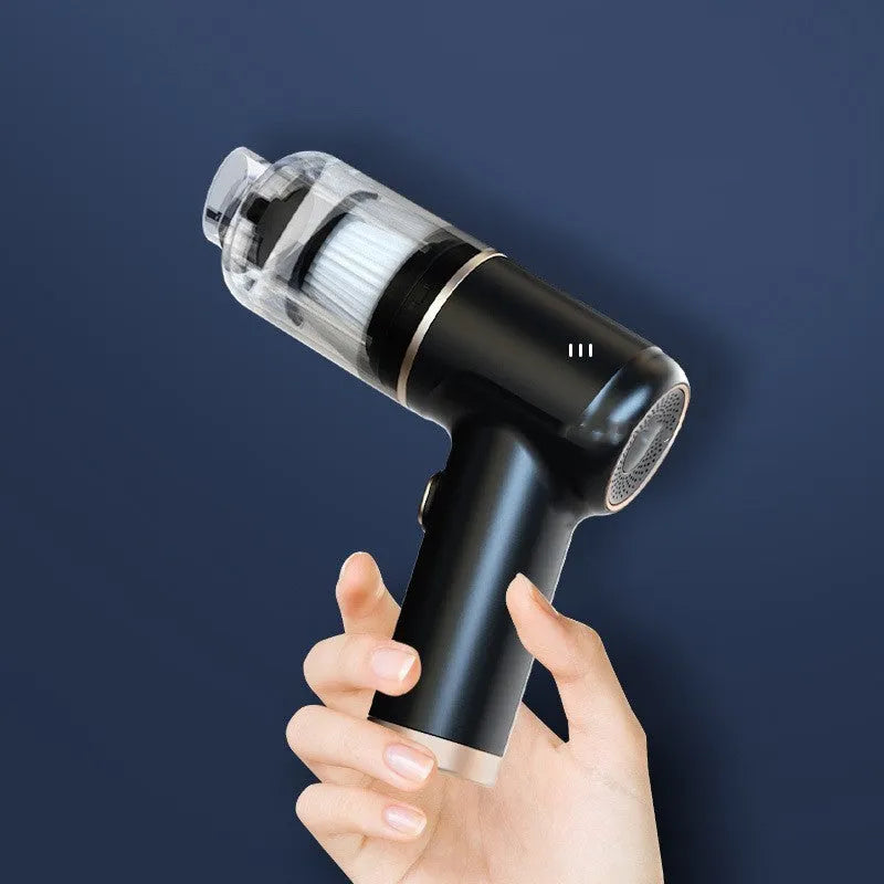 Black wireless handheld car vacuum cleaner with air pump function and multiple attachments