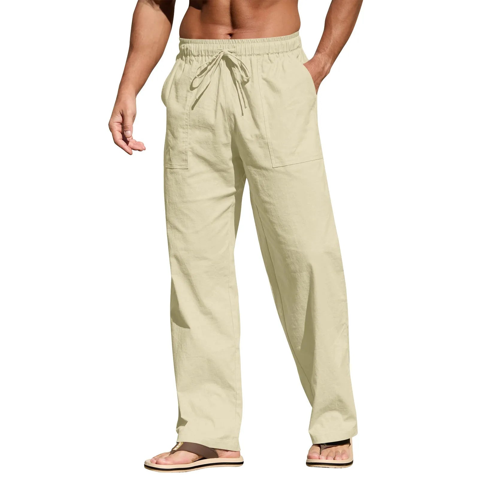 Men's cotton linen beach trousers with drawstring elastic waist in straight leg design
