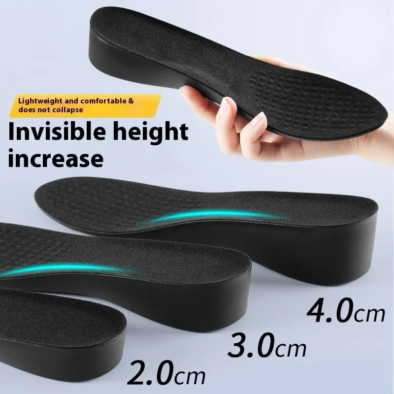 Invisible black PVC height increasing insole for men with 4cm lift, placed inside a shoe