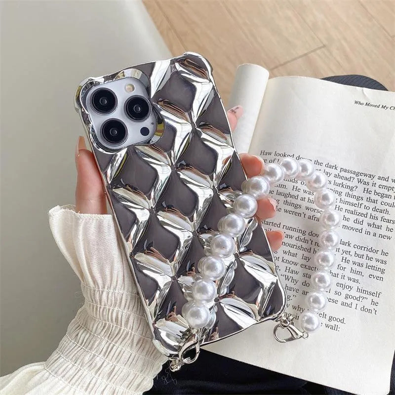Luxury diamond bracelet phone case for iPhone with decorative chain and flash diamond lock in silver finish