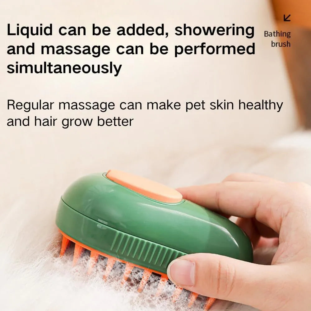 Green and white cat steam brush with water spray function and silicone teeth for pet grooming
