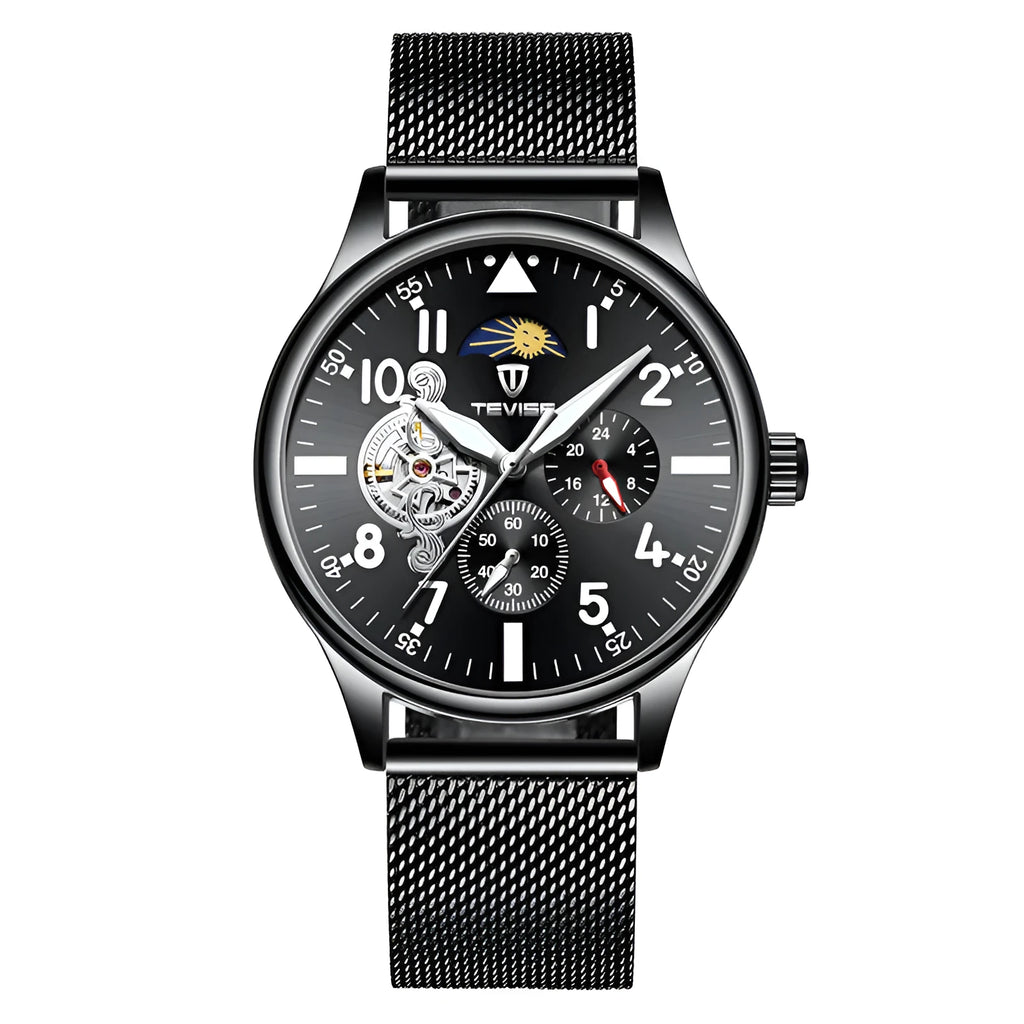 Black men's mechanical watch with luminous hands, moon phase display on a 41mm alloy case.