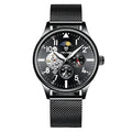 Black men's mechanical watch with luminous hands, moon phase display on a 41mm alloy case.