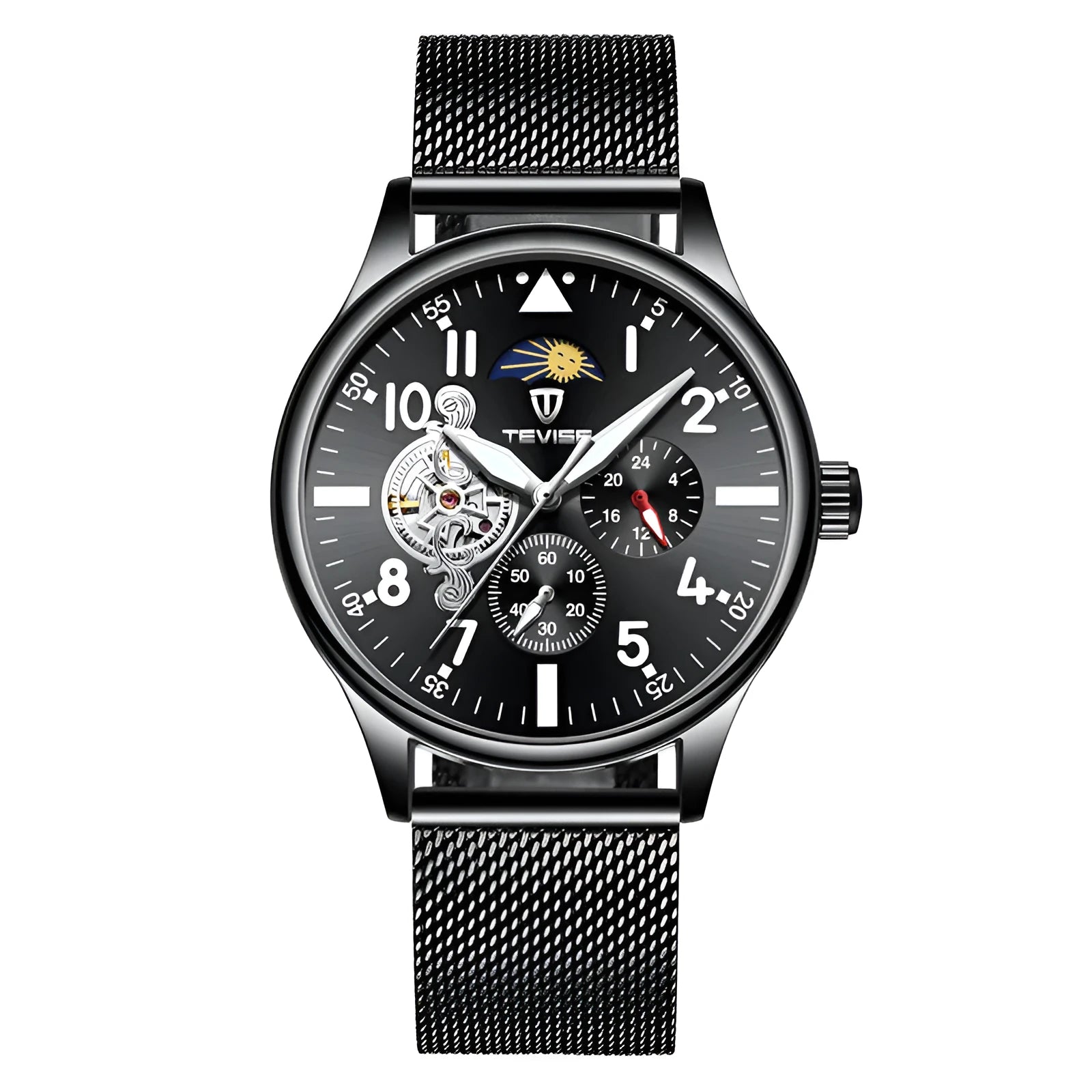 Black men's mechanical watch with luminous hands, moon phase display on a 41mm alloy case.