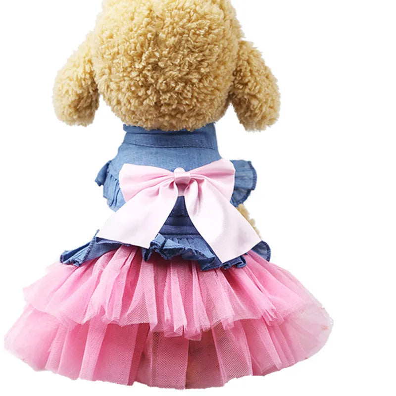 Korean denim pet skirt with creative bow detailing in pink or white yarn for small dogs