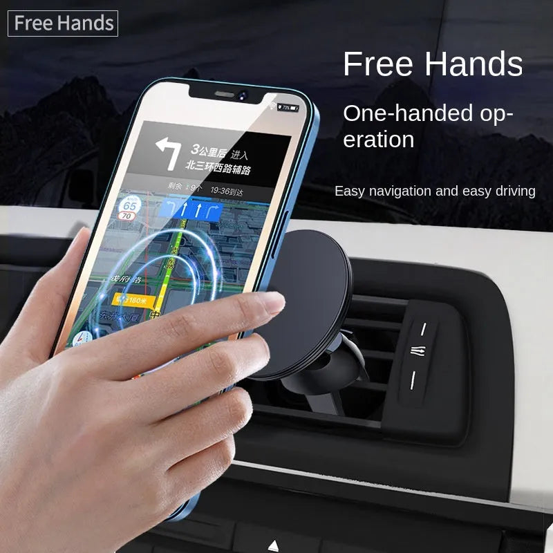Black aluminium magnetic car air vent phone holder mounted on vehicle centre console