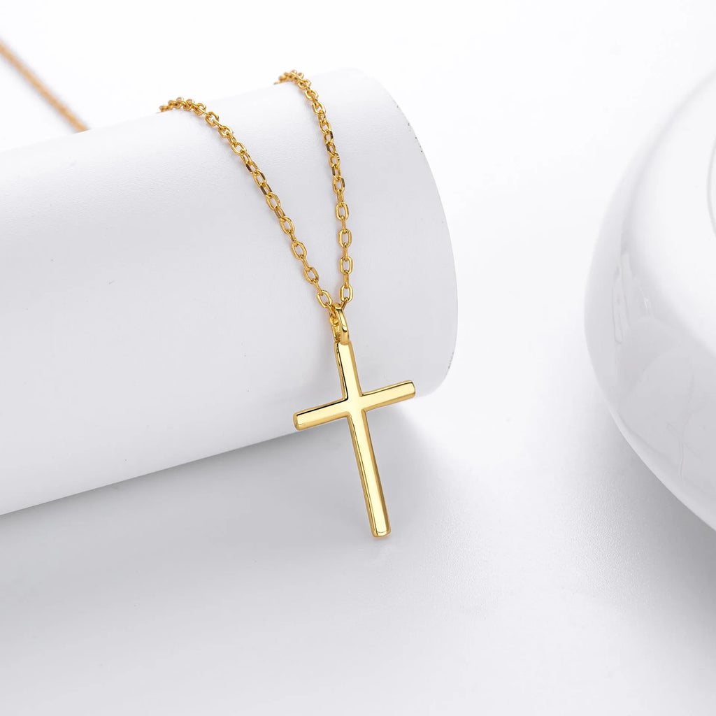 S925 sterling silver necklace with glossy cross pendant on an adjustable O-chain in gold, platinum, or rose gold finish.