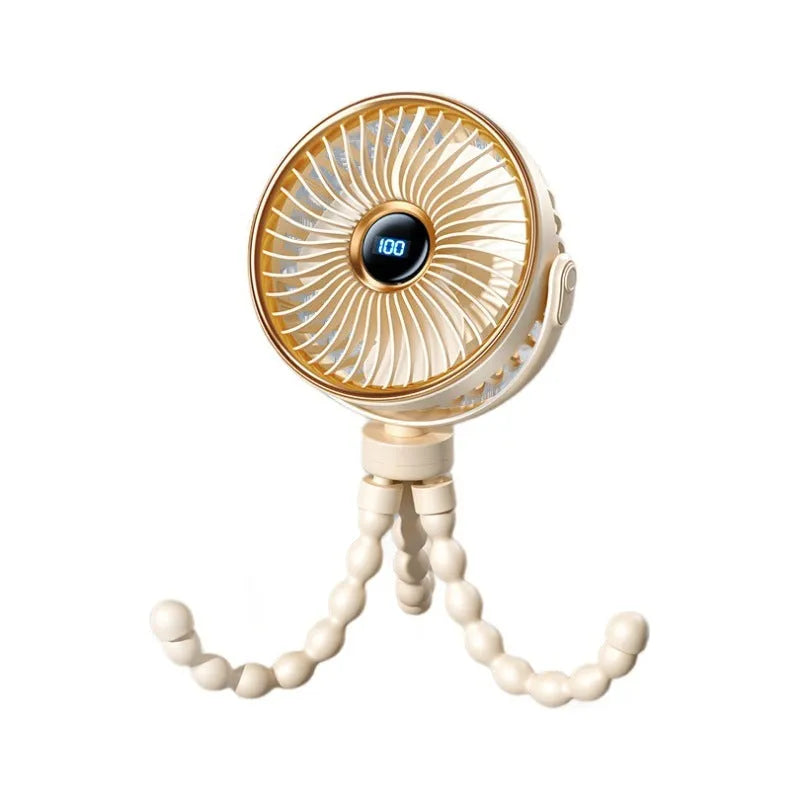 Mini octopus clip-on portable stroller fan in beige, attached to a pram handle.