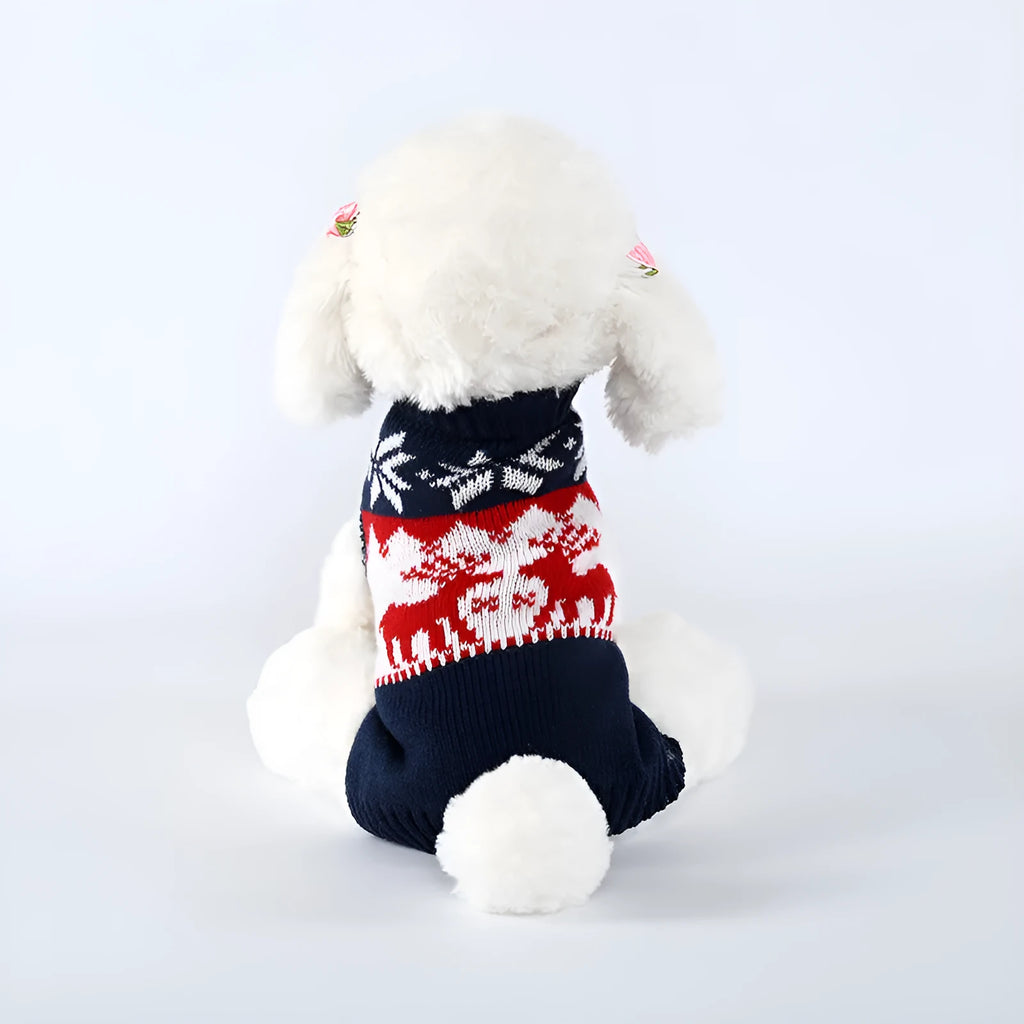 Navy blue knitted Christmas sweater for dogs on a pet mannequin showing front design
