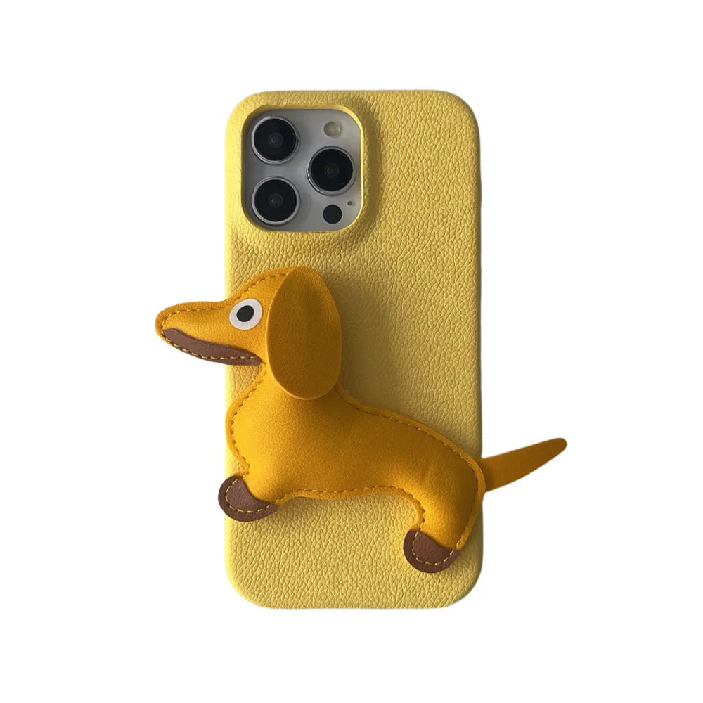 Creative three-dimensional leather sausage dog phone case for Apple iPhone in yellow anti-fall design