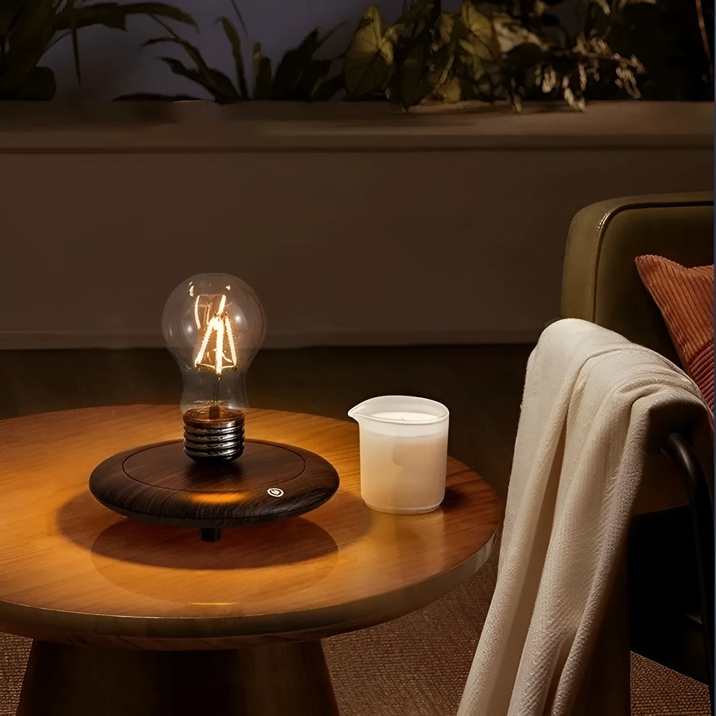 Creative suspension bulb desk lamp with iron art frame and wood grain base on table