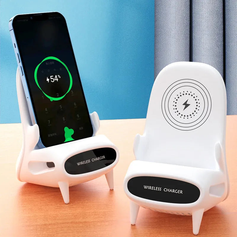 White wireless charging phone stand on a desk, charging a mobile phone at a viewing angle.