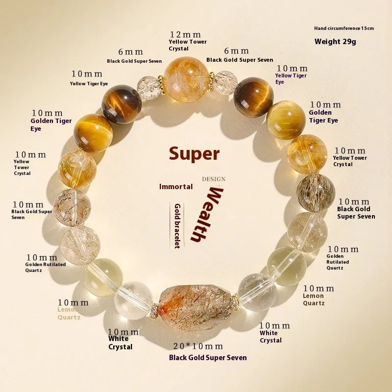 Natural crystal beaded bracelet with Duobao crystal beads in black gold Super Seven and natural colour variations