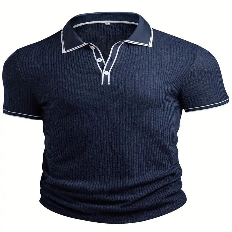 Men's striped polo shirt short sleeve loose fit in six colour options showing Asian sizing