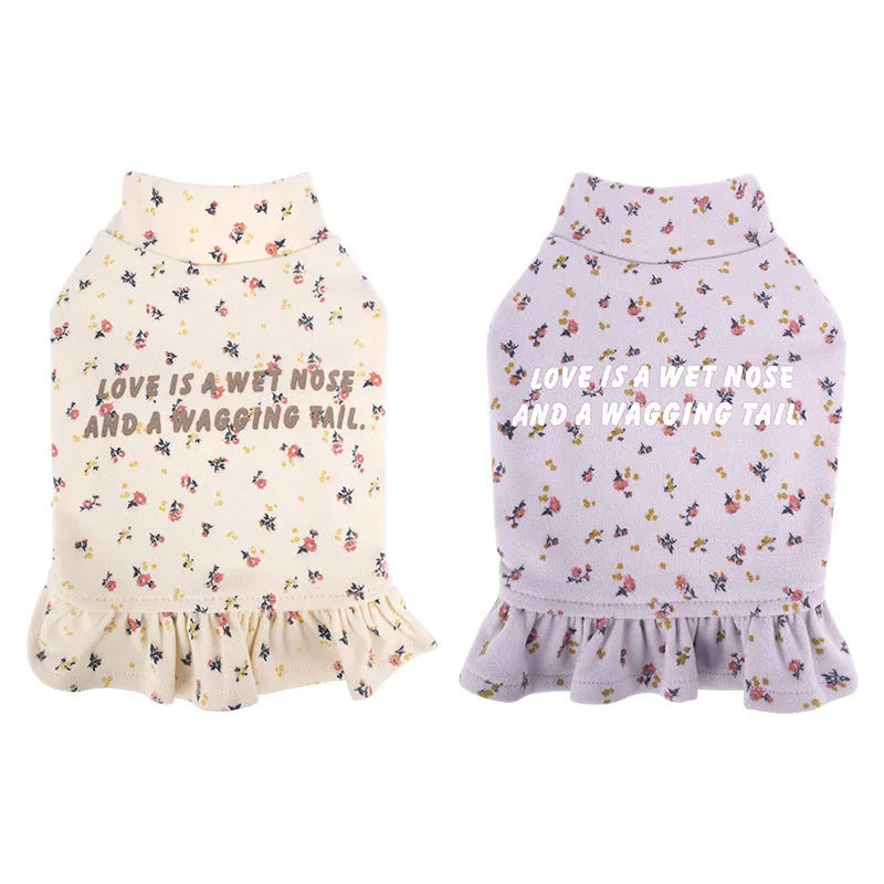 Light purple polyester dog undershirt with floral skirt on small breed dog